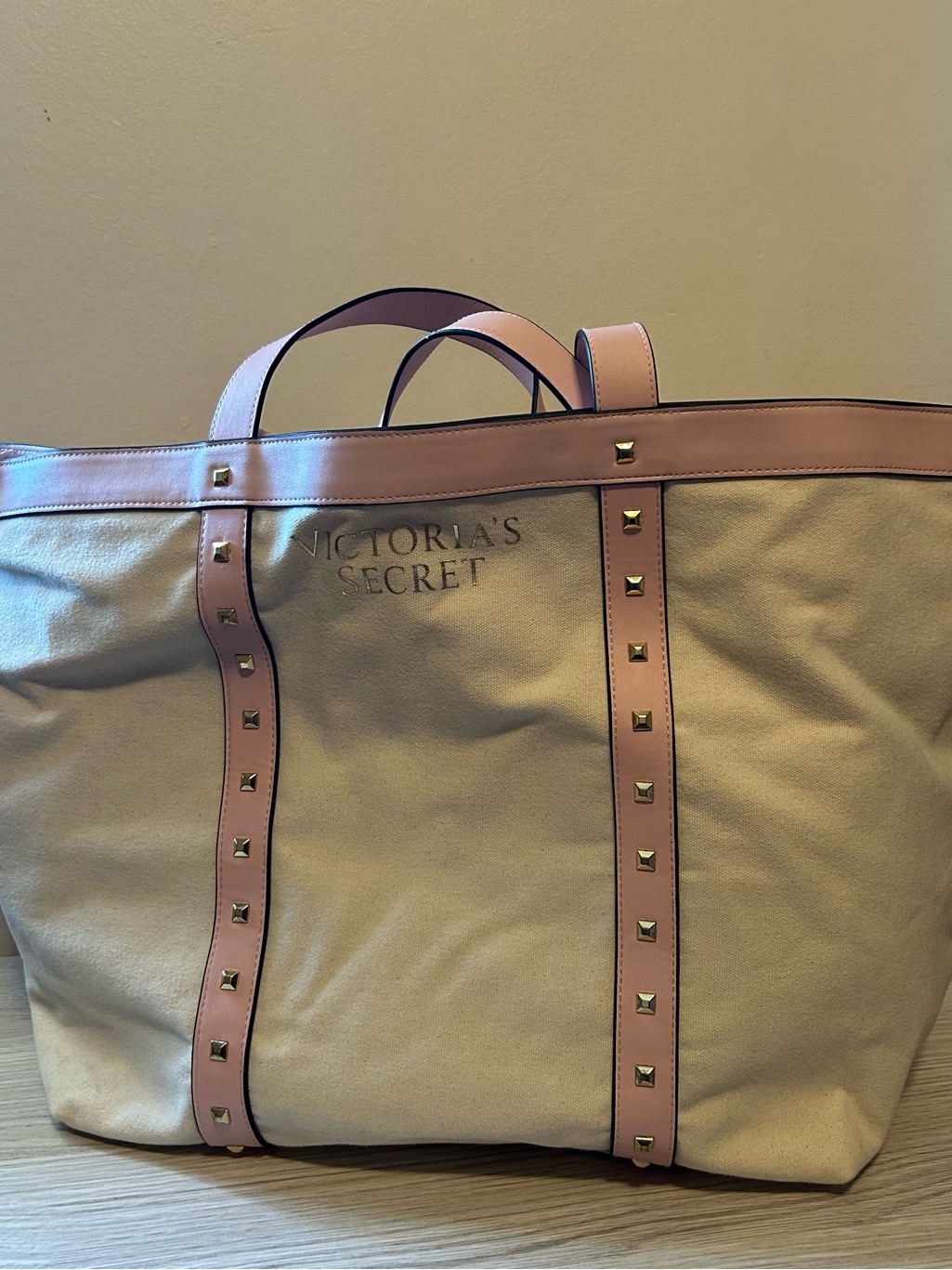 Victoria's Secret Cream Canvas Tote With Pink Trim And Studs